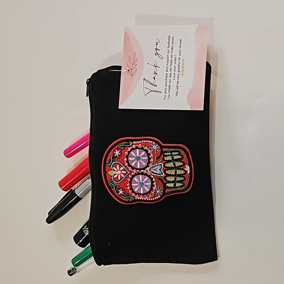 Hand Crafted black canvas pencil case zipper bag embroidery skull & butterfly - Picture 7 of 17
